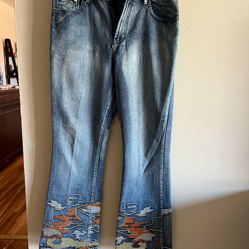 DeMona Blue Boot Cut Jeans with Embroidered Details